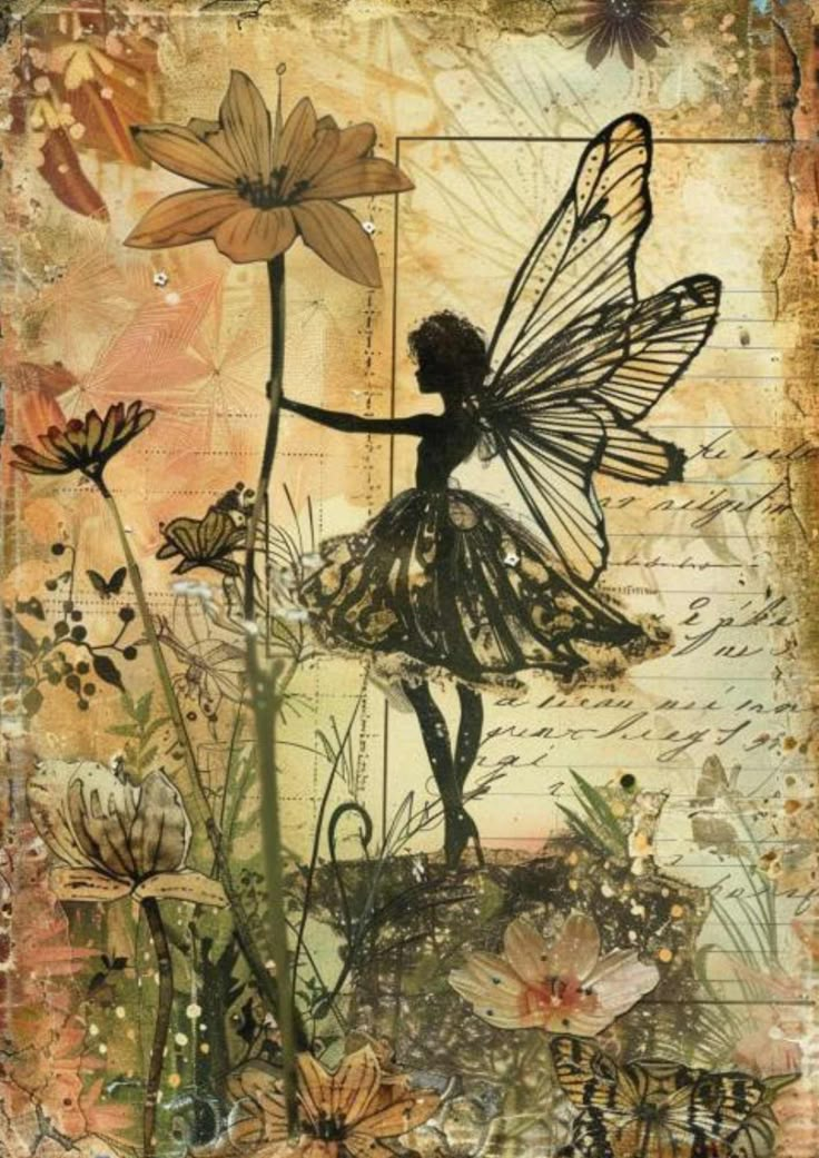 a painting of a fairy with flowers and butterflies