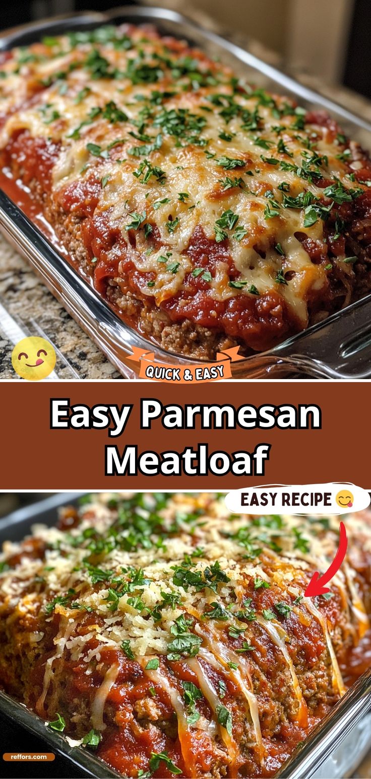 an easy parmesan meatloaf recipe is shown in two separate pans