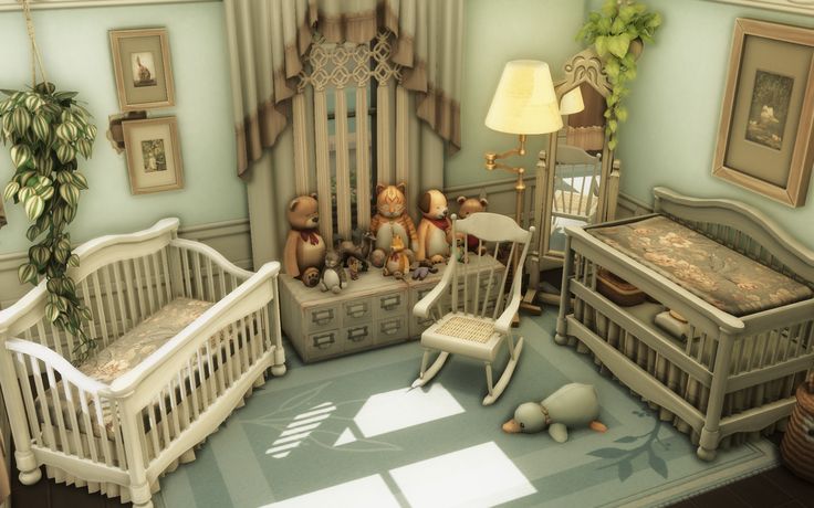 a baby's room with cribs, rocking chairs and stuffed animals on the floor