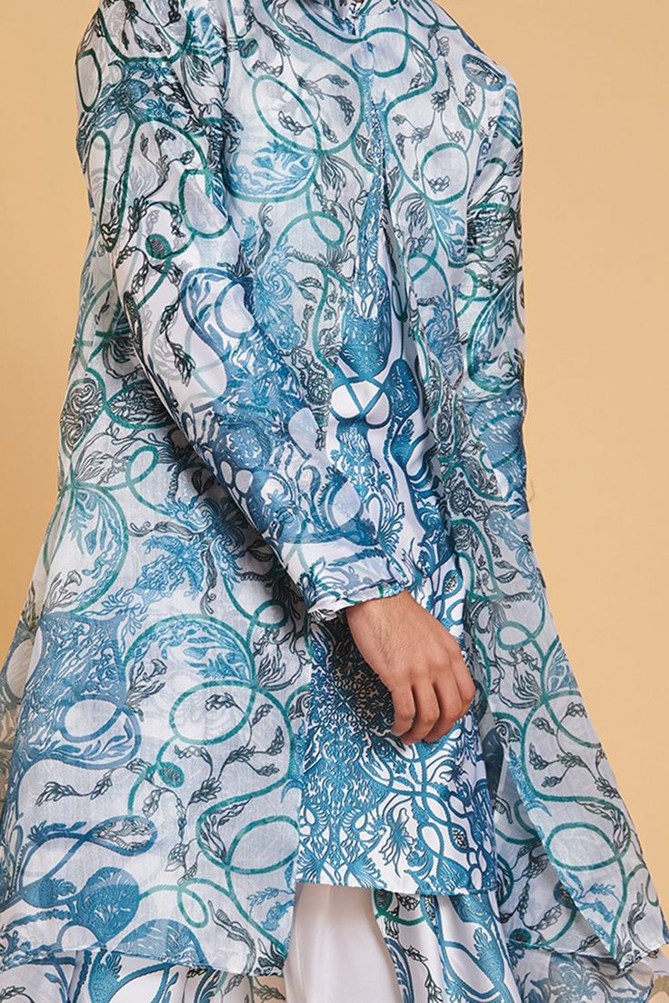 Ivory, blue organza achkan with vase printed motifs. Paired with printed kurta and pant.
Components:3
Pattern:Printed
Type of Work:Vase Print
Neckline:Achkan: Open
Sleeve Length:Achkan: Full Sleeves
Fabric:Organza, Satin
Color:White,Blue
Other Details:
Vase print
Front buttons
Occasion:Sangeet - Aza Fashions Blue Organza, White Vase, Open Sleeve, Satin Color, Fashion App, Full Sleeves, Pant Set, Aza Fashion, Full Sleeve