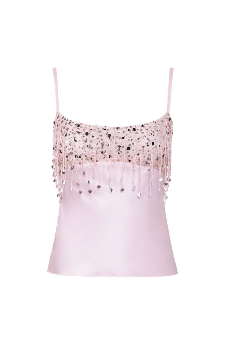 Yasmin Hand Beaded Tank - Blush Pink Pink Sequin Top Outfit, Fitted Embellished Pink Tops, Pink Party Top With Intricate Embroidery, Pink Things Aesthetic, Beaded Bustier Top, Embroided Clothes, Bedazzled Tank Top, Pink Sparkly Top, Pink Embroidered Beach Top