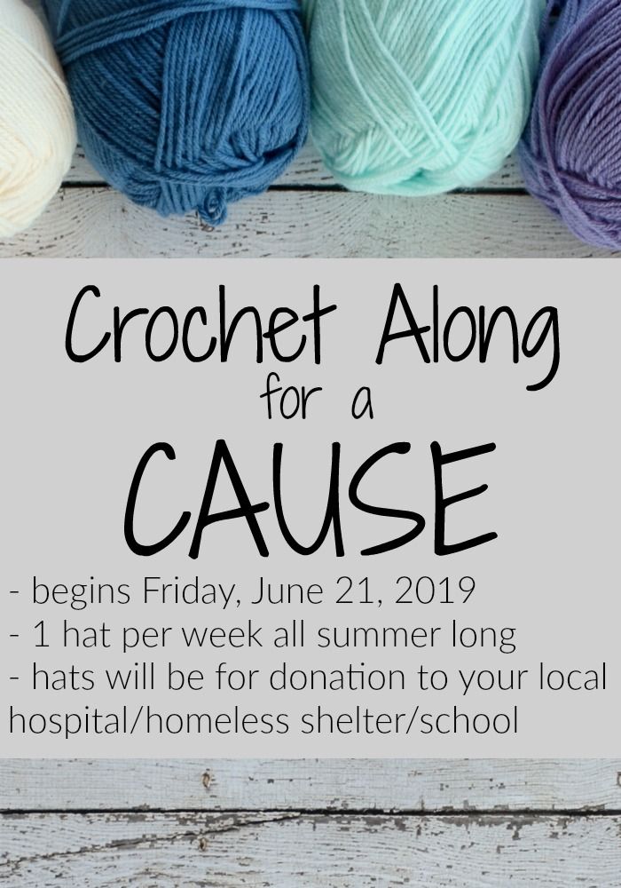 crochet along for a cause flyer with balls of yarn in the background and text that reads, crochet along for a cause