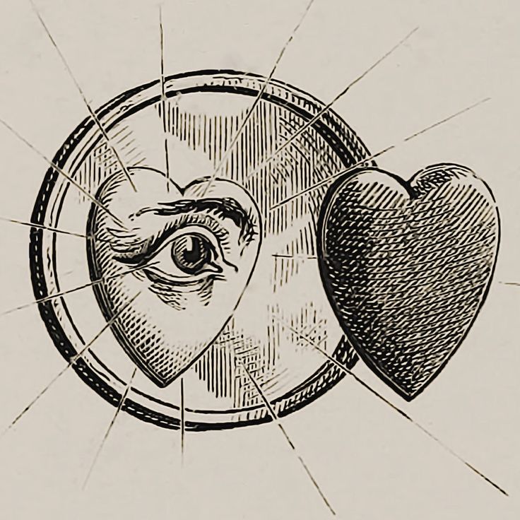 an old drawing of two hearts with the eye looking in each other's eyes