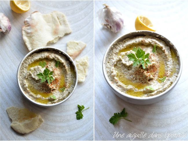 two pictures showing different types of dips with lemon wedges and parsley on the side