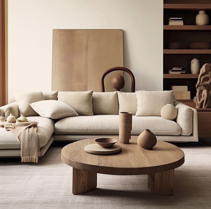 a living room with a white couch and wooden table in front of a large window