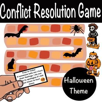 a hand holding a card that says conflict resolution game halloween theme with images of bats and pumpkins