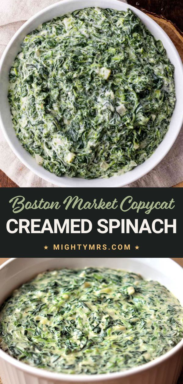 a bowl filled with creamed spinach next to another bowl full of spinach