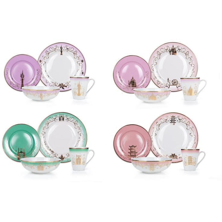 a set of four plates and cups with designs on the rims, all in different colors