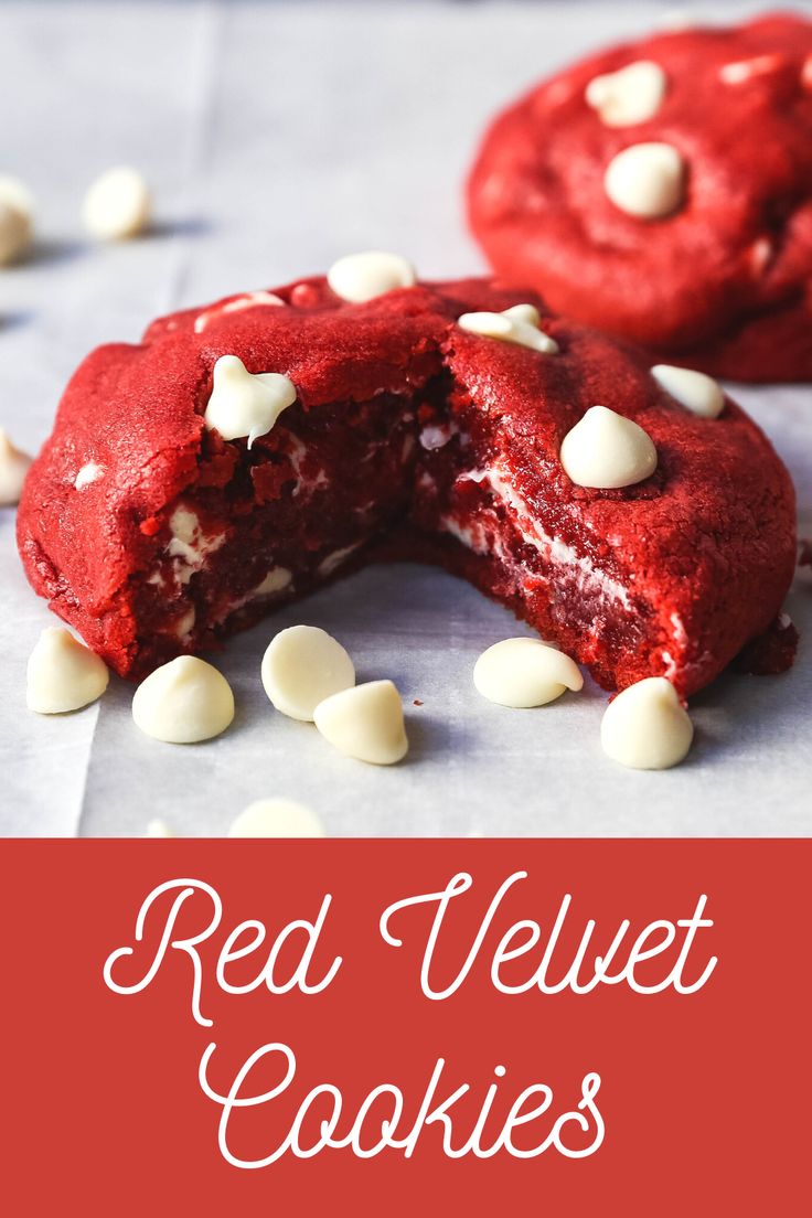 red velvet cookies with white chocolate chips on top