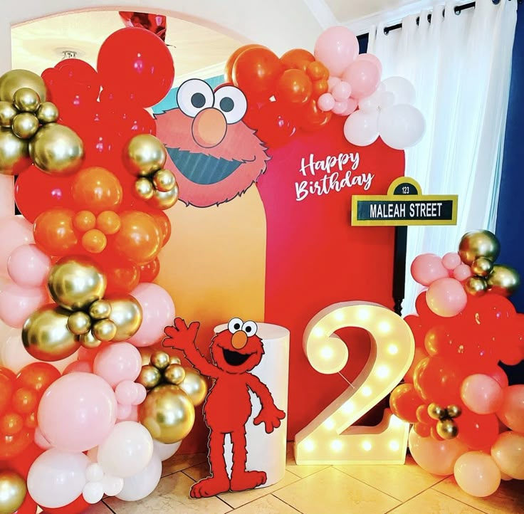 sesame street birthday decorations and balloons at the entrance to elm street 2 - 22pm