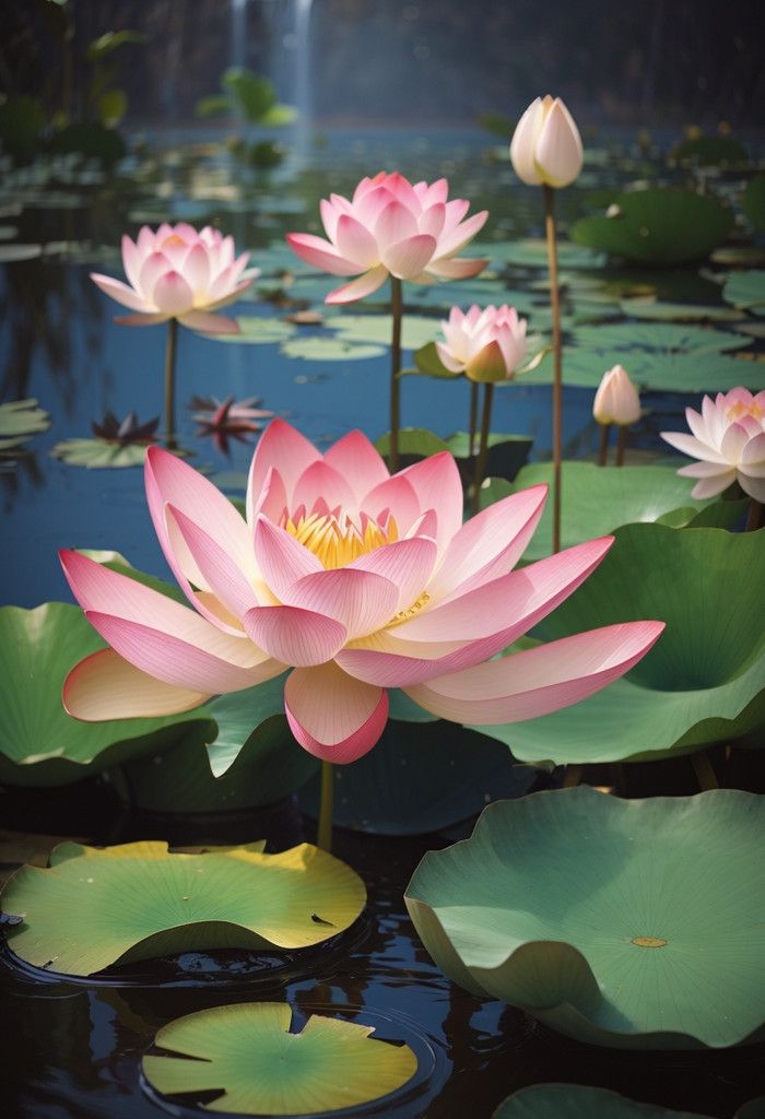 pink water lilies are blooming in the pond