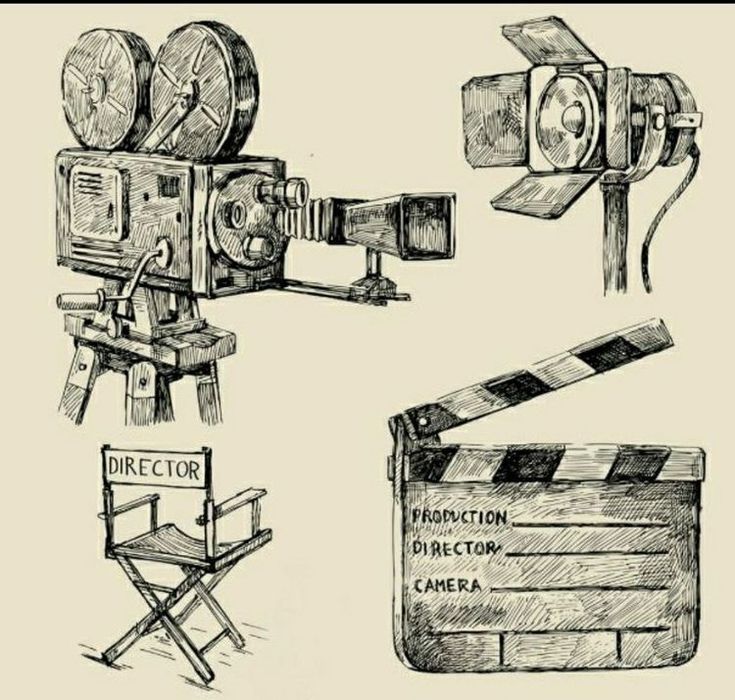 hand drawn film camera and clapsticks on a white background stockvectoror