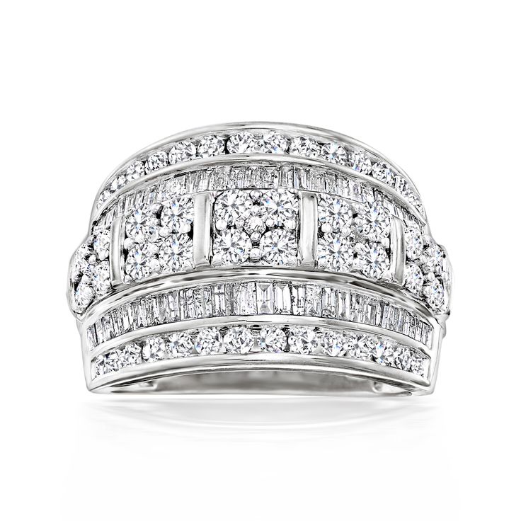 Ross-Simons - 2.00ct t. w. Baguette, Round Diamond Multi-Row Ring in Silver. Size 6. Stacked up in multiple rows, these diamonds make a lasting impression. This gorgeous ring features 1.40 ct. t. w. round brilliant-cut and .60 ct. t. w. baguette diamonds in both channel and prong settings. The center two rows are raised, creating an elevated presentation of sparkle. Set in sterling silver. 5/8" wide. Diamond ring. Diamond birthstones are the perfect gift for April birthdays. Black Diamond Earrings Studs, Silver Diamond Ring, Baguette Diamond Rings, Diamond Birthstone, Gold Bead Necklace, Gift List, Baguette Diamond, Silver Diamonds, Diamond Earrings Studs