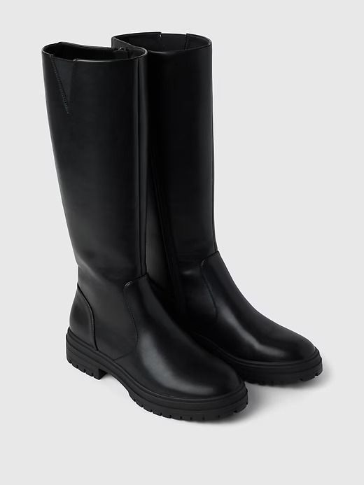 Vegan Leather Tall Boots | Gap Tall Boots For Winter, Tall Boots Flat Heel, Black Knee High Boots Flat, Tall Lug Boots, Loose Boots, Tall Black Boots Outfit, Flat Knee High Boots, Black Leather Tall Boots, Tall Black Leather Boots