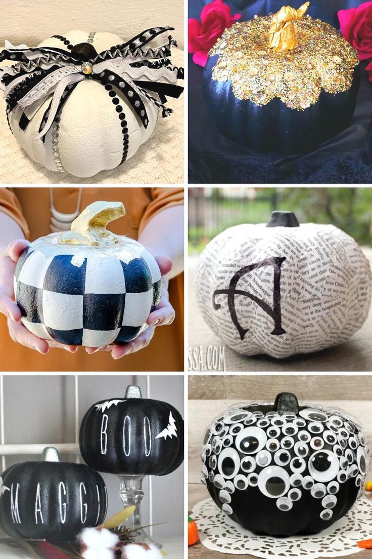 pumpkins decorated with monogrammed fabric and gold glitter letters are featured in this collage