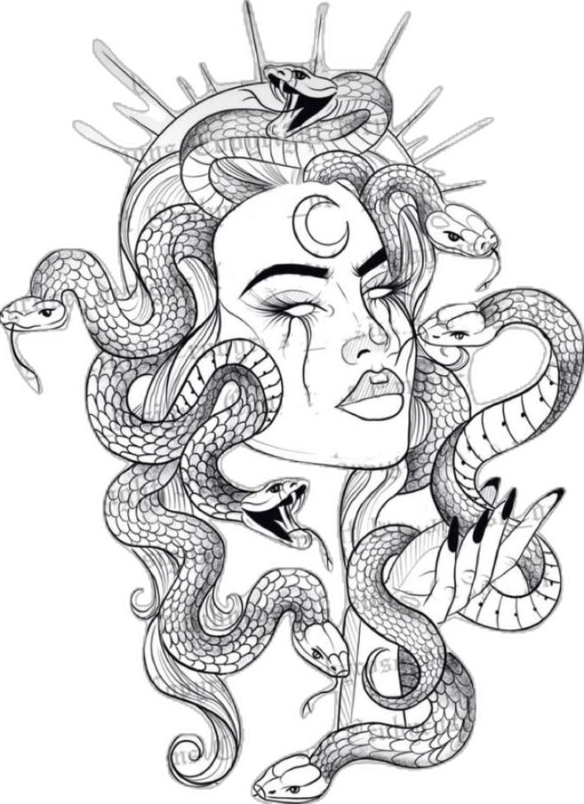 a drawing of a woman's face with snakes around her