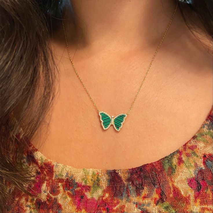 New! The most beautiful and delicate butterfly necklace is now available with lab-created malachite and set in 925 sterling silver. The butterfly wings are surrounded with pave crystal for an added sparkle. Butterflies represent hope, rebirth, and transformation. Pair this necklace with our crystal chokers or your favorite gold chain for a fun layered look. <3  Lab-created malachite set in gold-plated 925 sterling silver  10% of proceeds support survivors of power-inequality trauma through our n Malachite Butterfly, How To Clean Silver, Delicate Butterfly, Professional Jewelry, Crystal Choker, Butterfly Necklace, Mens Jewelry Bracelet, The Butterfly, Butterfly Wings