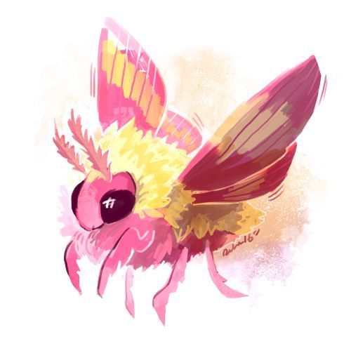 a drawing of a pink and yellow flower with wings