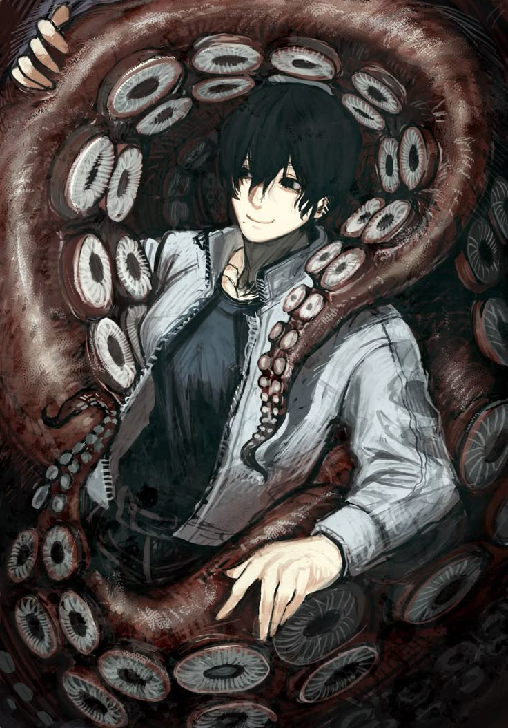 a drawing of a man with black hair and an octopus around his neck, sitting in front of a clock