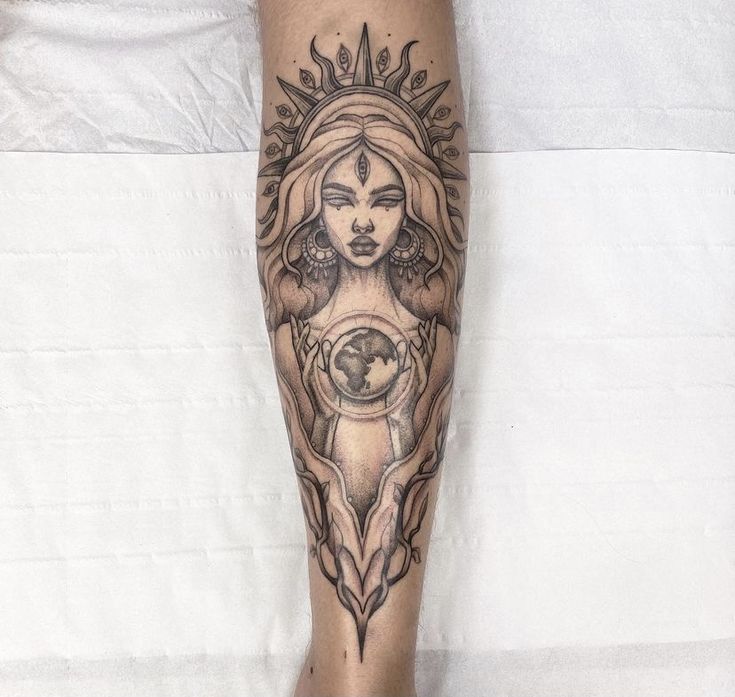 a woman's leg with a tattoo on it and a globe in the middle