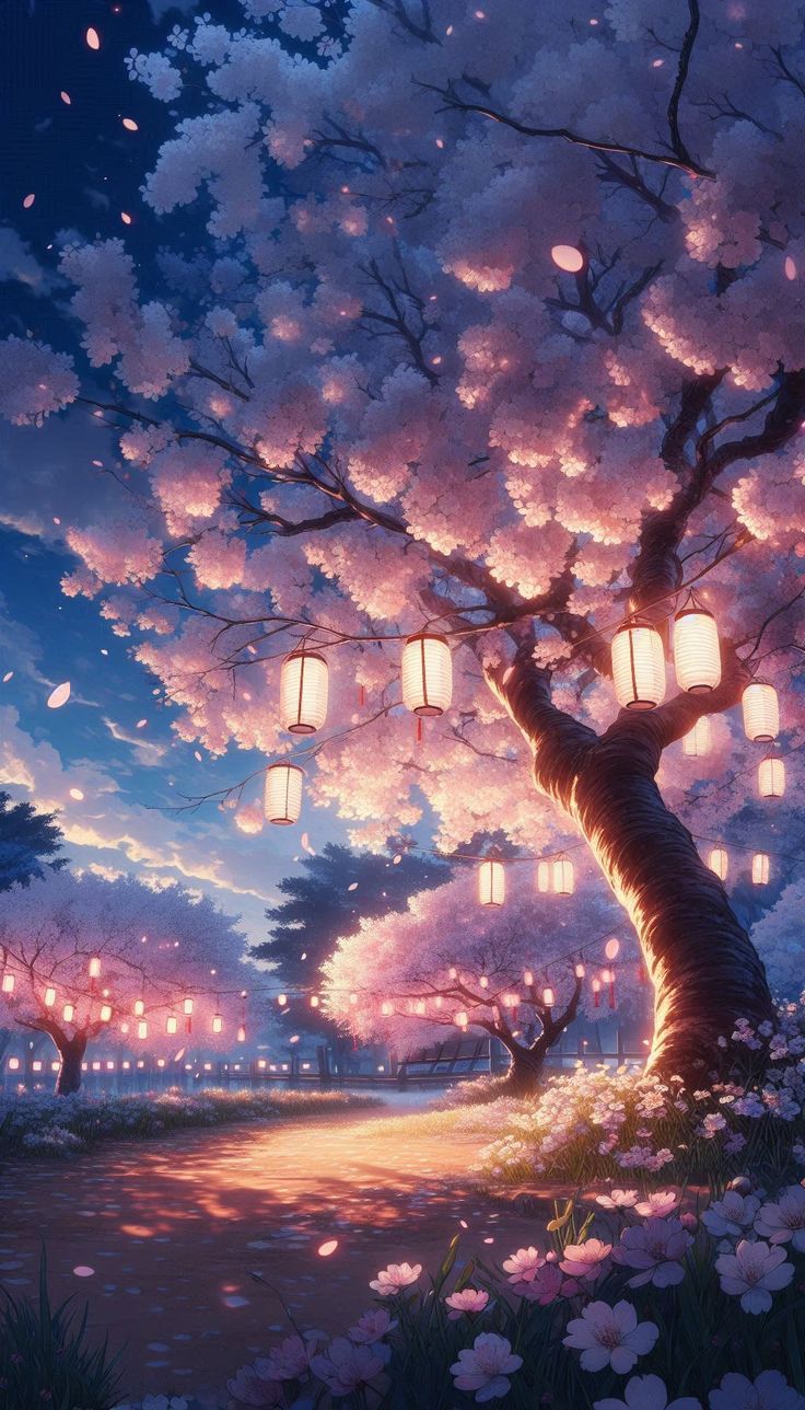 a tree with lanterns hanging from it's branches in front of a night sky