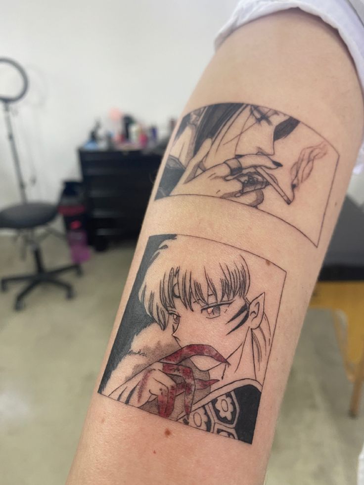 a person with a tattoo on their arm that has pictures of anime characters in it