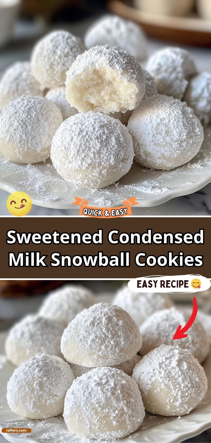 two pictures showing how to make powdered condensed milk snowball cookies with easy recipe