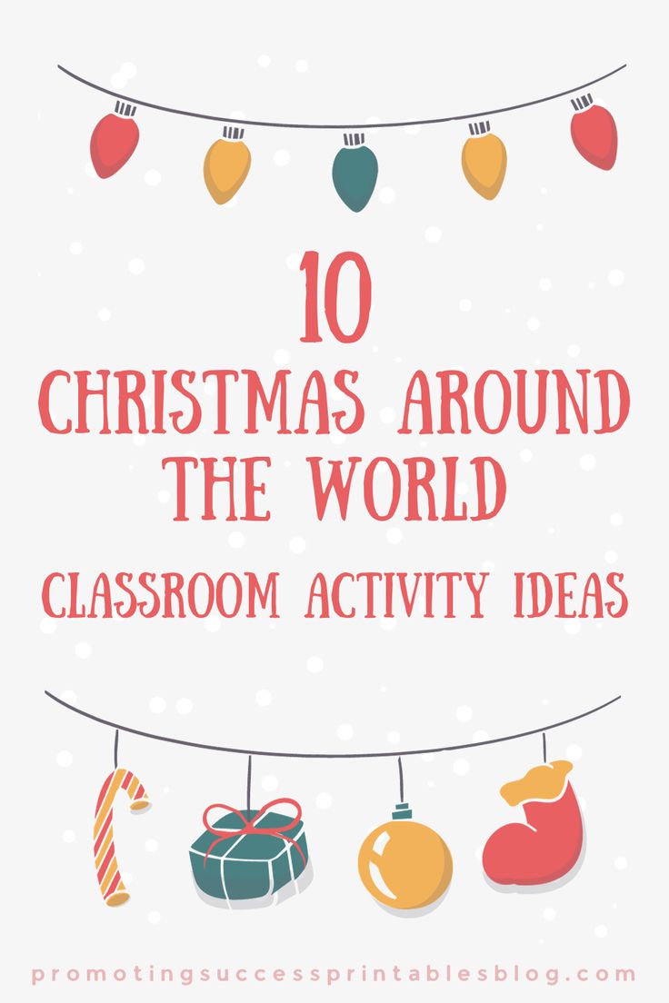 the words 10 christmas around the world classroom activity ideas on a white background with ornaments