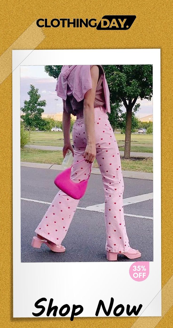 Red Heart Bell Pants Cute Pink Pants For Spring, Pink Heart Print Bottoms For Spring, Cute Pink Fitted Pants, Cute Fitted Pink Pants, Fitted Cute Pink Pants, Cute High Waist Bottoms For Spring, Cute High Waist Pants For Spring, Cute Wide Leg Spring Bottoms, Cute Pink Pants With Pockets