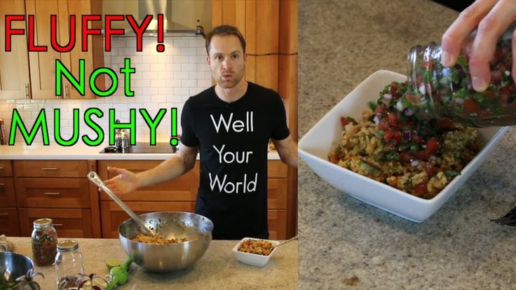 a man standing in front of a bowl filled with food and the words fluffy not mushy on it