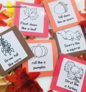 four cards with words that say fall down like a leaf and some pumpkins on the ground