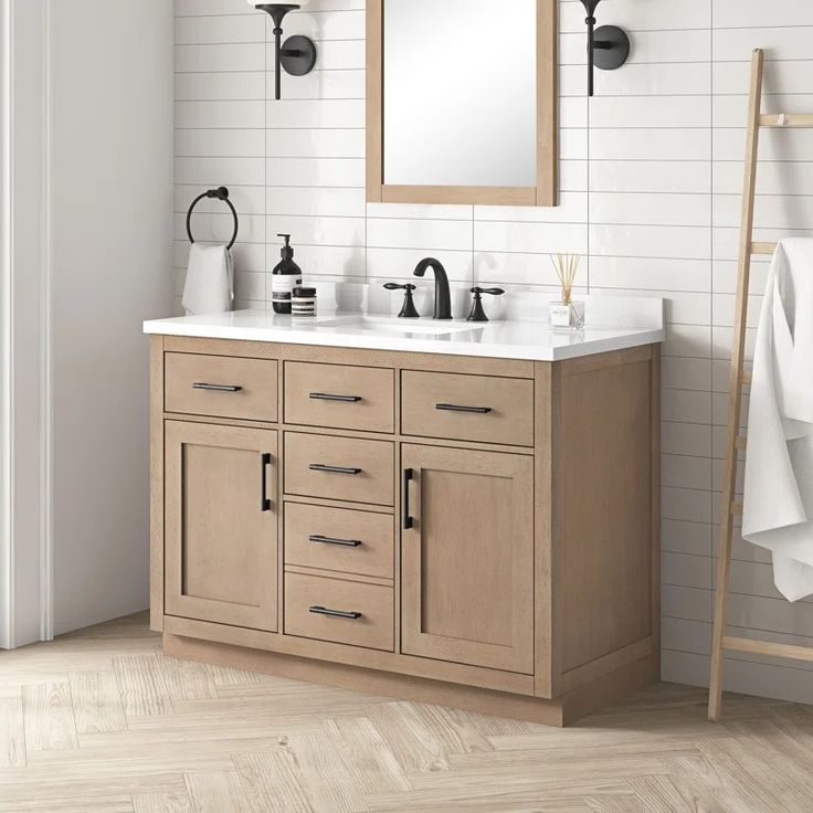 Ove Decors Bailey 48" Single Bathroom Vanity Set & Reviews | Wayfair White Oak Vanity Bathroom, Oak Vanity Bathroom, Bathroom Favorites, Wood Cabinet Doors, Cabinet Base, Master Bath Vanity, Engineered Quartz, Quartz Vanity Tops, Oak Bathroom