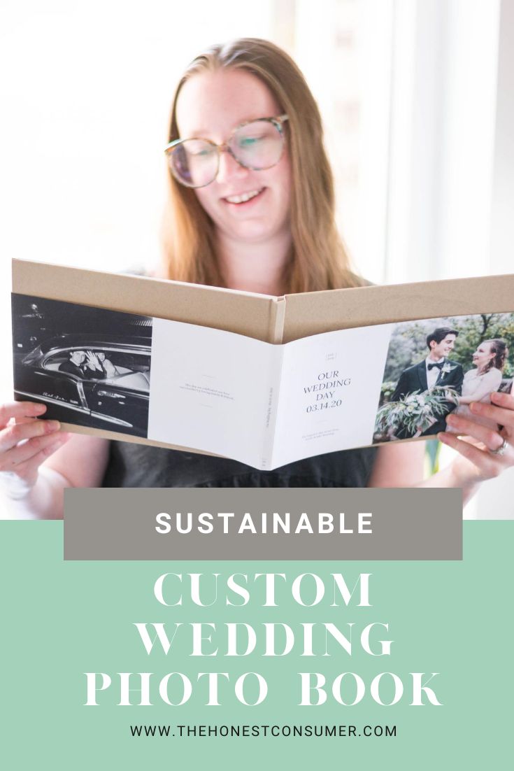 a woman reading a wedding photo book with the words,'custom wedding photo book '