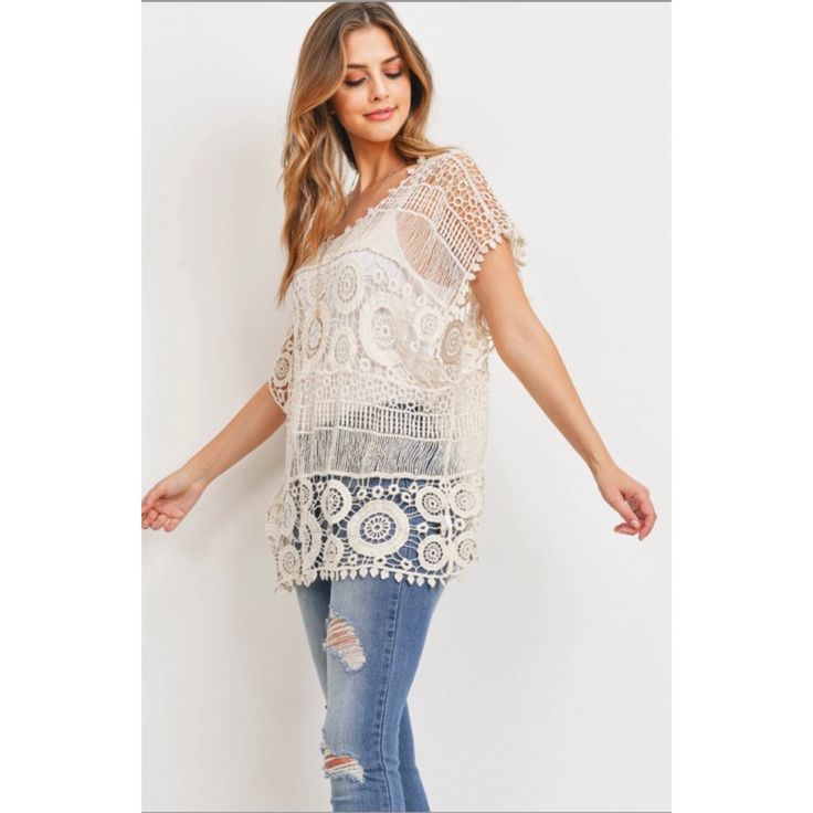 Super Versatile And Adorable. Made Of Cotton. One Size: B: 44”, W:44”, L:23” Cream V-neck Top With Crochet Trim, Open Knit V-neck Crochet Top For Day Out, V-neck Open Knit Crochet Top For Day Out, Beige Pointelle Knit Tops For The Beach, Spring V-neck Crochet Top With Open Knit, Beige V-neck Knit Top For Beach, Casual Lace Top For Day Out, Beach Crochet Top In Cream With Pointelle Knit, Summer Knit Tops For Brunch