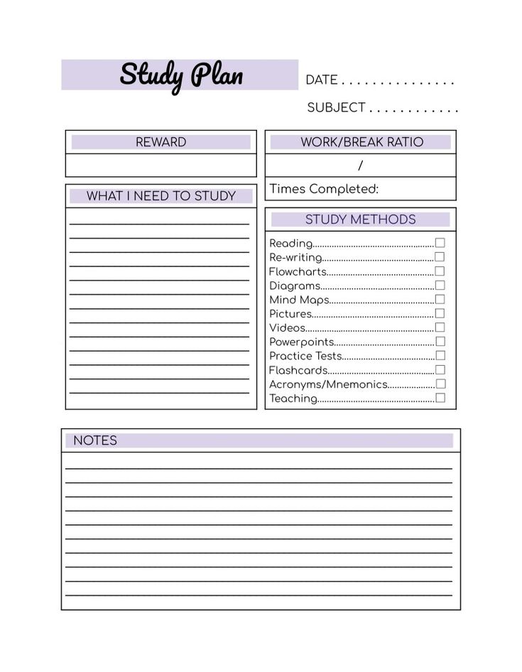 a sample study plan for students to use in the classroom, with notes on each side