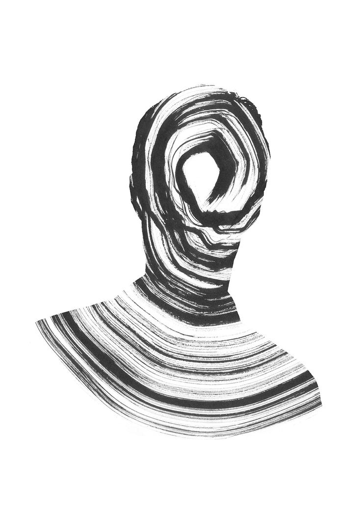 a black and white drawing of a man's head with stripes on the neck