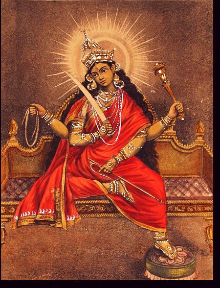 an image of the hindu god sitting on a bench with two swords in his hand