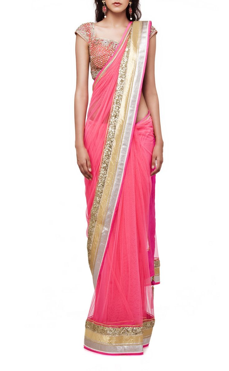 This #pinksaree is made of net fabric in pink color having four sided sequin and gotta border in golden and silver color and available on SALE Gold Blouse Designs, Net Sarees, New Saree Designs, Indian Designer Sarees, Indian Bridal Lehenga, Saree Gown, Simple Sarees, Indian Gowns Dresses, Desi Clothes