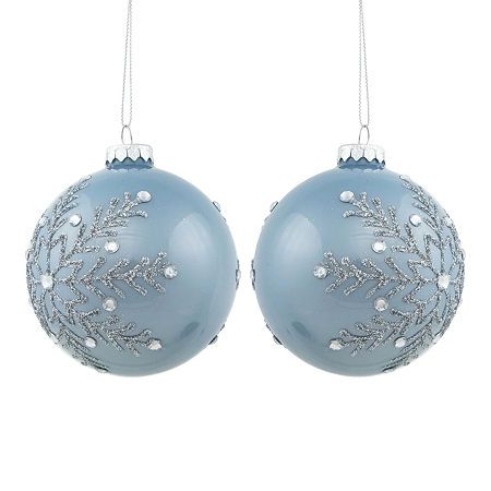 two blue ornaments hanging from chains on a white background