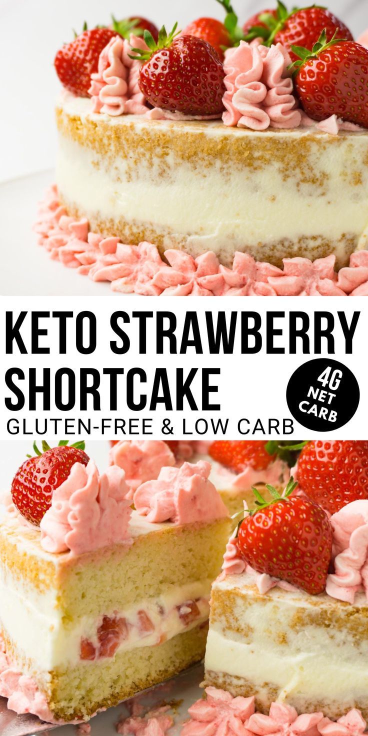 Strawberry cake decorated with fresh strawberries and pink frosting. Keto Strawberry Shortcake, Strawberry Shortcake Recipe, Mascarpone Frosting, Postre Keto, Low Carb Cake, Strawberry Season, Strawberry Shortcake Recipes, Shortcake Recipe, Diet Meals