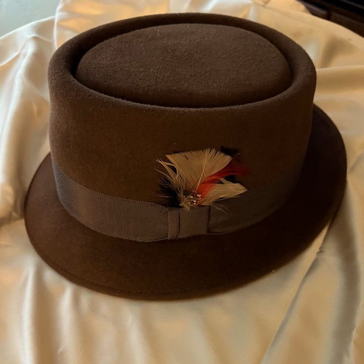 Fedora Hat Size Small For Men Or Women Brown Felt Hat With Flat Bill For Formal Occasions, Formal Brown Felt Hat With Flat Bill, Brown Felt Flat Bill Hat For Kentucky Derby, Brown Flat Bill Felt Hat For Kentucky Derby, Classic Brown Boater Hat With Flat Brim, Classic Brown Top Hat With Flat Brim, Brown Flat Bill Hat Bands For Kentucky Derby, Brown Boater Hat With Short Brim For Winter, Classic Brown Top Hat For Kentucky Derby