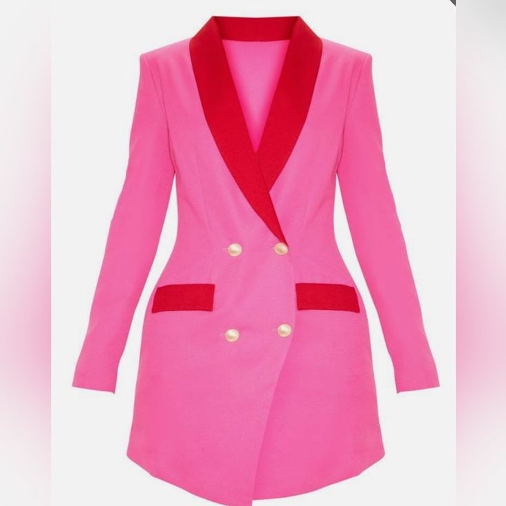 Prettylittlething Hot Pink Gold Button Contrast Blazer Dress. Add Some Fiercely Feminine Vibes To Your Look With This Blazer.It Features A Hot Pink Material With A Contrasting Collar And Pocket Detail. Style This With Strappy Heels And Gold Accessories To Complete The Look. Size Us6 Nwt Has Minor Flaw As Seen In Last 2 Pictures. See Pictures For Measurements, Length Is 33" Double-breasted Mini Dress With Buttons For Party, Pink Party Blazer With Button Closure, Party Double-breasted Dress With Button Closure, Double-breasted Party Blazer With Buttons, Double-breasted Dress With Button Closure For Parties, Double-breasted Mini Dress With Button Closure, Red Party Blazer With Buttons, Pink Party Outerwear With Lapel Collar, Pink Lapel Collar Party Outerwear