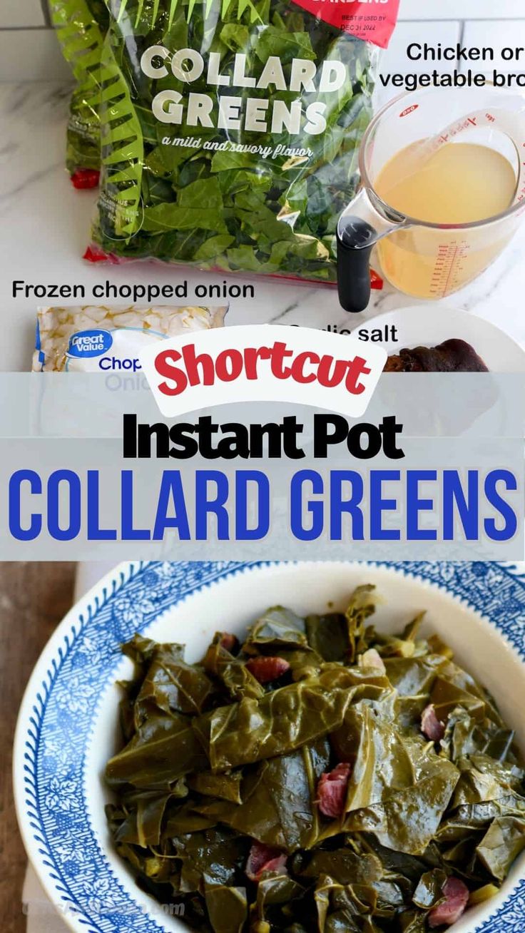 collard greens in a blue and white bowl next to a bag of frozen vegetables