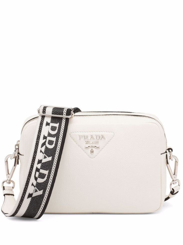 white leather two adjustable detachable shoulder straps triangle logo silver-tone logo lettering top zip fastening partitioned compartment White Backround, Sephora Bag, Prada Shoulder Bag, Nylon Tote Bags, Fancy Bags, Prada Bags, Prada Leather, Triangle Logo, Leather Bag Women