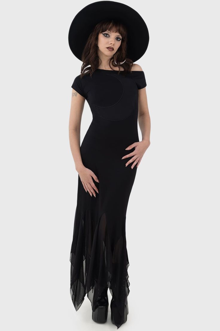 HOLLOW NIGHT.- Soft stretch fabric.- Short, off shoulder sleeves.- Maxi length.- Mesh hanky hem.- Mesh moon detail.- Fitted.With KILLSTAR branding, Main Body: 95% Viscose 6% Elastane, Mesh: 95% Polyester 5% Elastane.Machine wash cold (30°c) / Do not bleach / Do not tumble dry / Iron at low temperature / Do not dry clea Off Shoulder Sleeves, Killstar Dress, Hollow Night, Hanky Hem, Dresses Xxl, Buy Dress, Xl Dress, Dresses Xs, Shoulder Sleeve