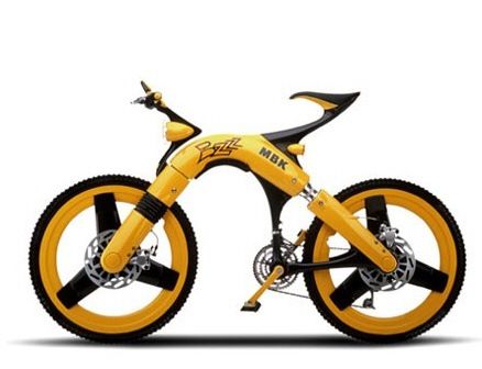 a yellow and black bike with wheels on the front, side and back ends are shown