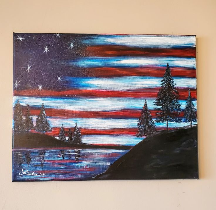 an acrylic painting of a night scene with stars and trees in the sky