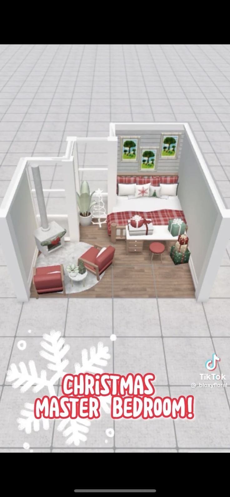 Bloxburg House Ideas Interior Christmas, Bloxburg Xmas Bedroom, Bloxburg Christmas Interior Ideas, Bloxburg Chill Room, Cute Master Bedrooms In Bloxburg, Cute Winter Bloxburg Houses, Roblox Bloxburg House Ideas Christmas, Christmas Bloxburg Kitchen Ideas, Bloxburg Christmas House Ideas Layout