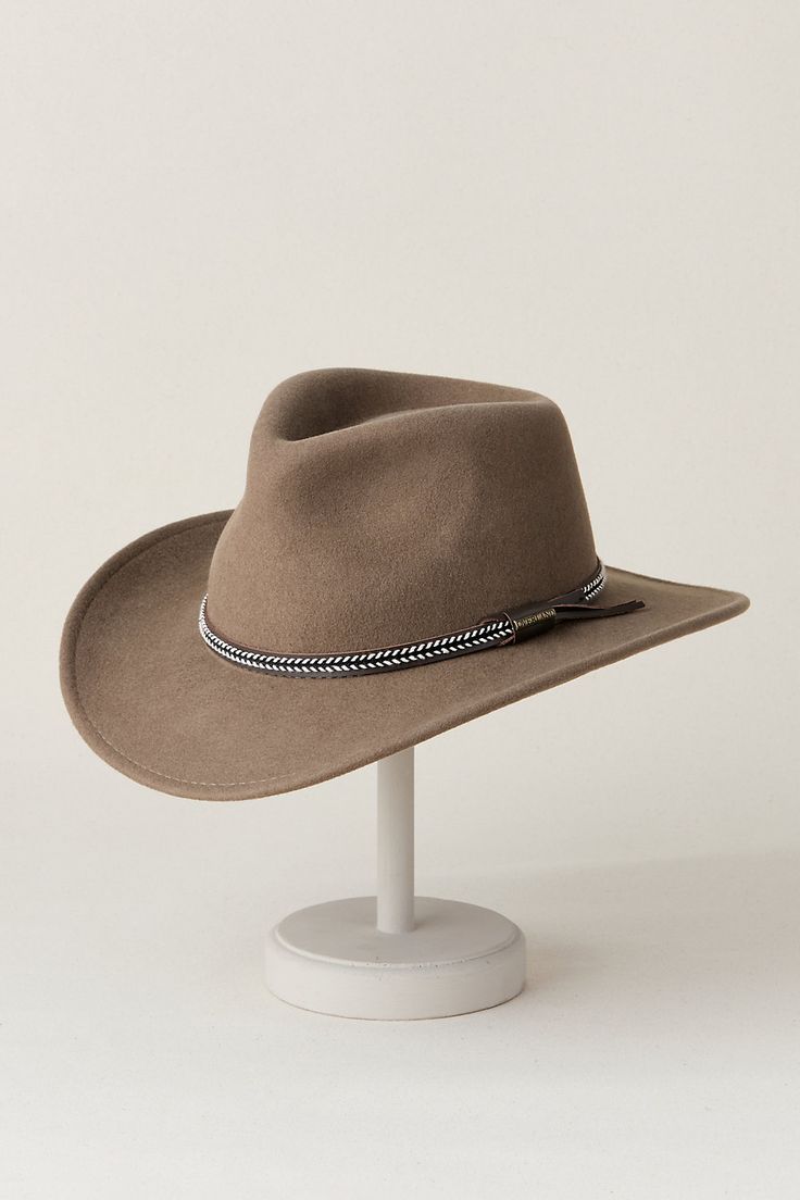 Worn on a rugged mountain pass or for a destination city dinner out, the Crossroads outback hat accompanies you in timeless, ready-for-adventure style. Crafted from soft and durable Australian wool felt, this crushable hat is as easy to pack as it is effortless to wear. A genuine leather whipstitched hat band adorns the base of the pinched crown, while a cushioned sweatband wicks away moisture for all-day comfort. Rustic Outdoor Hats For Fall, Rustic Winter Hats For Ranch, Rugged Brown Hat For Travel, Rugged Brown Travel Hat, Rustic Winter Ranch Hats, Country Style Hats For Fall Travel, Country Style Wool Hat For Outdoor, Western Style Hats For Outdoor Fall, Country Style Felt Hat For Outdoor Fall Use