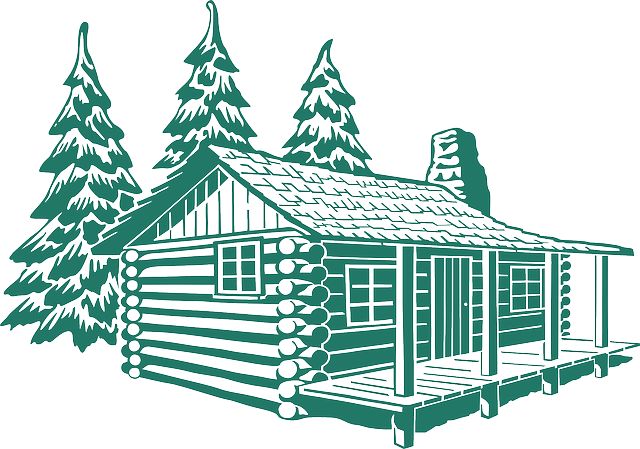 a log cabin surrounded by pine trees